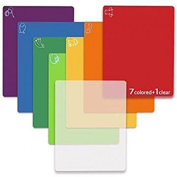 Cutting Board Mats Flexible Plastic Colored Mats With Food Icons Fotouzy BPA-Free Non-Porous Anti-skid back and Dishwasher Safe Set of 7+1