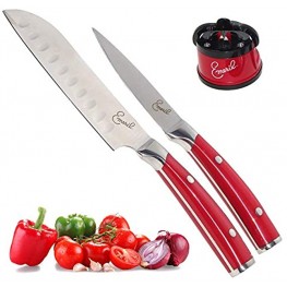 Emeril 3-Piece Knife Set & Sharpener Sharp Pairing & Santoku Chef's Cutting Knives with Stainless Steel Blade for Cooking & Kitchen by Chef Emeril Lagasse Red