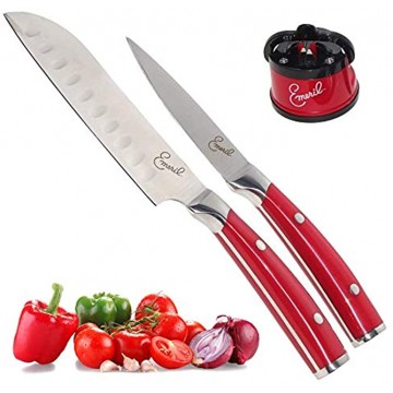 Emeril 3-Piece Knife Set & Sharpener Sharp Pairing & Santoku Chef's Cutting Knives with Stainless Steel Blade for Cooking & Kitchen by Chef Emeril Lagasse Red