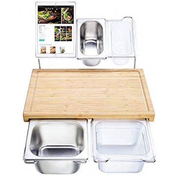 Extensible Bamboo Cutting Board Set with 4 Containers for Kitchen with Juice Groove Eco-friendly Chopping and Serving Board for Meats Bread Fruits S 15.7 x 10.2