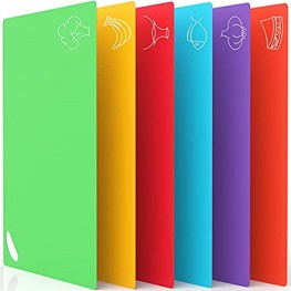 Flexible Plastic Cutting Board Mats Set for Kitchen Thicker Cutting Sheets with Dishwasher Friendly No-Porous BPA-Free EZ-Grip Handle Set of 6 Colorful Food Icons by CHIENTUNG