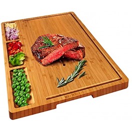 HHXRISE Large Organic Bamboo Cutting Board For Kitchen With Tray With 3 Built-In Compartments And Juice Grooves Heavy Duty Chopping Board Serving Tray Butcher Block Carving Board BPA Free