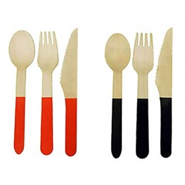 6.25 Wooden Cutlery Sets with Color Block 48 Total Pieces Orange & Black