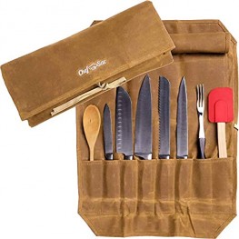 Chef Knife Waxed Canvas Knife Roll Bag| 8 Pockets for Knives & Kitchen Utensils Waterproof Material | Great Gift for Executive Chefs & Culinary Students Light Brown