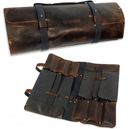 Manjushri Professional Premium Original Genuine Crazy Horse Leather Executive Chef Folding Knife Roll Bag Case with Zipper Pouch Knife Organiser Walnut Brown