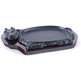 FMC Fuji Merchandise Corp Cast Iron Steak Plate Sizzle Griddle with Wooden Base Steak Pan Grill Fajita Server Plate Household use or Restaurant Supply Cow Shape 12"L