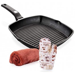 Griddle Aluminum Nonstick Stove Top Square Grill Pan,Chef Quality Perfect for Meats Steak Fish And Vegetables,Dishwasher Safe,11 inch Black By Moss & Stone Comes With a Special Cloth And Gloves