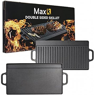 Max K 2-in-1 Cast Iron Grill & Griddle Pre-Seasoned Reversible Grilling Plate Oven Campfire Double Burner Stove Top Skillet With Handles Grease Reservoir 20x9 Inch