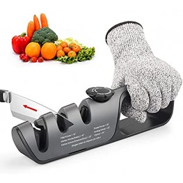 Knife Sharpener 3 In 1 Kitchen Knife Accessories and Scissor Sharpener Helps Repair Restore and Polish with Adjustable Angle Button for Various Knives Cut-Resistant Glove Included