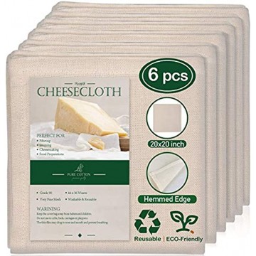 6 Pack 20x20 Inch Hemmed Cheesecloth 100% Unbleached Cotton Fabric Ultra Fine Reusable Muslin Cloth for Straining Cooking Baking Home