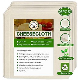 6 Pack Cheesecloth for Straining 20”X20” Grade 90 Plus 2 Layers,Edge Hemmed 100% Unbleached Cotton Cloth Reusable Strainer for Cheese Yogurt Almond Oat Soy Nut Milk Juice Coffee Herbs