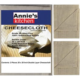 Annie's Kitchen Cheesecloth 20x20 Inch Grade 90 100% Unbleached Pure Cotton Muslin Cloth for Straining Ultra Fine Reusable Hemmed Edge Double layer Cheese Cloth Fabric for Jams Cold Brew Coffee