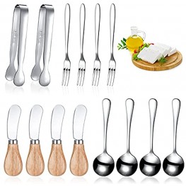 14 Pieces Cheese Butter Spreader Knives Set Stainless Steel Cheese Slicer Butter Spreader Knives with Wooden Handles Mini Serving Tongs Spoons and Forks for Butter Cheese and Pastry Making