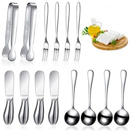 14 Pieces Cheese Butter Spreader Knives Set Stainless Steel Cheese Slicer Butter Spreader Knives with Stainless Steel Handles Mini Serving Tongs Spoons and Forks for Butter and Pastry Making Silver