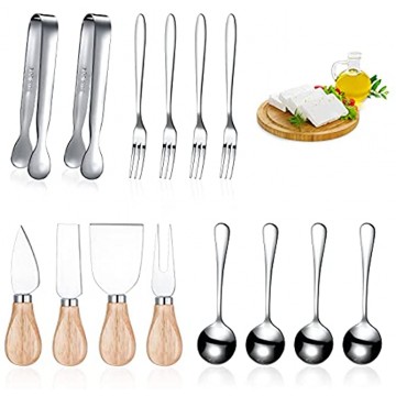 14 Pieces Spreader Knife Set Cheese Butter Spreader Knife Cheese Slicer Knife Stainless Steel Blade with Handles Mini Serving Tongs Spoons and Forks for Birthday Wedding Wood Handle
