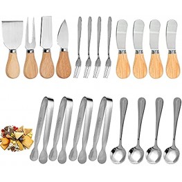 20PCS Spreader Knife Set Cheese Spatula Set Cheese Slicer Knife Butter Spreader Knife Mini Serving Tongs Spoons and Forks for Butter Cheese Jam and Pastry Making Wooden Handles