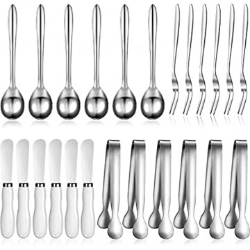24 Pieces Butter Spreader Knife with White Porcelain Handle Stainless Steel Fruit Forks Serving Tongs Stainless Steel Spoons for Birthday Wedding Christmas