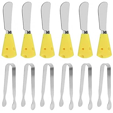 KTOAN Butter Spreader Knife and Mini Serving Tongs Set,Multipurpose Cheese Butter Spreader Knives with Creative Cheese Shape Handles and Stainless Steel Sugar Ice Food TongSet of 12