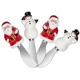 Minigift Christmas Stainless Steel Butter Spreader Ceramic 3D Santa Claus and Snowman Design Handle Gift for Children ,4-Piece