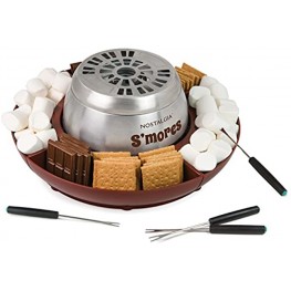 Nostalgia LSM400 Indoor Electric Stainless Steel S'mores Maker with 4 Lazy Susan Compartment Trays for Graham Crackers Chocolate Marshmallows and 4 Roasting Forks