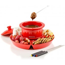 Ovente Electric Fondue 1 Liter Melting Pot and Warmer Set with Lid Ceramic Removable Food Tray 4 Color Dipping Forks Perfect for Chocolate Caramel Cheese and More Red CFC317R