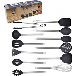 12 Piece Silicone and Stainless Steel Kitchen Cooking & Serving Utensil Set Includes Solid Spoon Slotted Turner Slotted Spoon Ladle Skimmer Tongs Pasta Server Potato Masher & Whisk