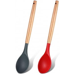 2 Pieces Silicone Mixing Spoon with Wooden Handle Non-Stick Basting Spoon Serving Spoon Heat Resistant Utensil Spoons for Mixing Baking Serving and Stirring Red and Black