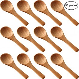 50 Pieces Small Wooden Spoons Mini Nature Spoons Wood Honey Teaspoon Cooking Condiments Spoons for Kitchen Seasoning Oil Coffee Tea Sugar Light Brown
