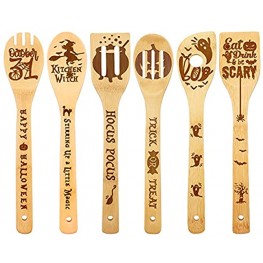 6PCS Halloween Wooden Spoons Natural Bamboo Cooking Utensils Engraved Laser Scoops Witch Pumpkin Boo Kitchen Cutlery Funny Trick or Treat Gift Ideas for Hostess Housewarming Birthday