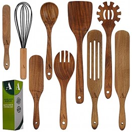 Afwan 2 in 1 Spurtle and Spatula Kitchen Set Tools 9 PCS Wooden Spatula for cooking Wooden Spurtle Utensil tools as seen on TV Non-stick Cookware Utensils and Wooden Cooking Spoons for Mixing Serving