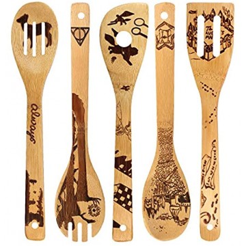 Burned Wooden Bamboo Spoon Castle Pattern Style Kitchen Cooking Serving Utensil House Warming Gift Set Eco-Friendly Wooden Flat Shovel Slotted Spatula Folk Solid Spoon