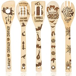 Eartim 5Pcs Halloween Hocus Pocus Theme Wooden Spoons Slotted Spatula Set Kitchen Burned Bamboo Cookware Gadget Kit Cooking Non-stick Utensils Fun Gift Idea for Family Friends Housewarming Present