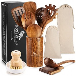 Fox Skills Wooden Kitchen Utensils 11-Piece Cooking Set Durable Natural Teak Wood Cookware with Non-Stick Finish Includes Spoons Spatulas Display Holder Spoon Rest Cleaning Brush Canvas Bag