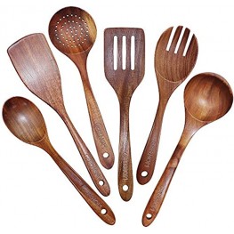GEEKHOM Wooden Spoons for Cooking 6-Piece Wood Kitchen Utensil Set for Non Stick Cookware with Natural Teak Wooden Spatula,Slotted Spatula,Salad Fork