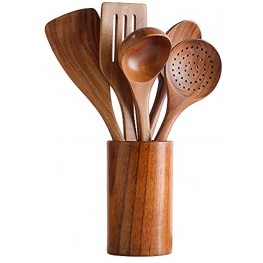 Healthy Cooking Utensils Set,Tmkit Wooden Cooking Tools and storage wooden barrel- Natural Nonstick Hard Wood Spatula and Spoons Durable Eco-friendly and Safe Kitchen Cooking spoon set of 6
