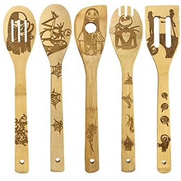Nightmare Fun Pattern Burned Wooden Spoons for Cooking Kitchen Slotted Spoon House Warming Presents Bamboo 5 Pieces Utensil Set