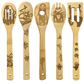 Nightmare Fun Pattern Burned Wooden Spoons for Cooking Kitchen Slotted Spoon House Warming Presents Bamboo 5 Pieces Utensil Set