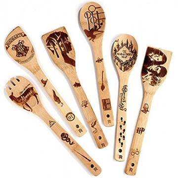 Riveira Organic Wooden Spoons for Cooking Utensils Set 6-Piece Magic Wizard Harr Potter Kitchen Utensils Gift Spatulas for Nonstick Cookware Gifts for Cooking Lovers