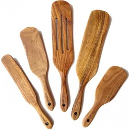 Spurtles Kitchen Tools as Seen on TV SAMTORI Spurtle Set Wooden Spoons for Cooking & Serving Heat Resistant Wooden Spatula for Nonstick Cookware Premium Teak Wooden Spurlte Set. 5pcs