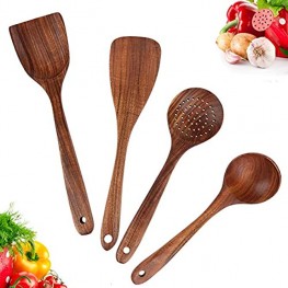 Wooden Cooking Utensils Set，Wooden Kitchen Utensil Set Includes Wooden Cooking Spoons and Wooden Spatula Set for Nonstick Cookware,Teak Utensils of Natural Unpainted Set 4