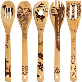 Wooden Spoons Wooden Spoons for Cooking with 3D Embossing and Engraved Patterns Great Kitchen Gifts for Mother's Day Halloween Thanksgiving Christmas（5 Pieces）