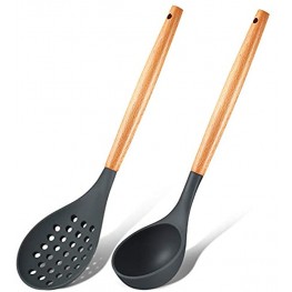 Silicone Skimmer Spoon Silicone Soup Ladle Spoon Ladle with Wood Handle Heat-Resisting Non-Stick Slotted Spoon Baking Frying Cooking Spoon Scoop for Sauce Soup Stew Chili Salad Dressing