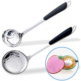 WECOOK Stainless Steel Soup Ladle and Skimmer Slotted Spoon with Heat Resistant Handgrip for Home Kitchen or Restaurant Cooking Utensil with Long Handle 14 Inches 2 Pcs – Soup Ladle Strainer Spoon