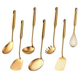 Kitchen Utensil Set -7PCS Gold 18 8304 Stainless Steel -Wide Spatula,Soup Ladle,Strainer Ladle,Slotted Spatula,Spaghetti Server,Rice Scoop Spoon and Whisk