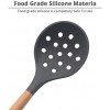 KUFUNG Silicone Skimmer Spoon BPA-free & Heat resistant up to 480°F Wooden Handle Silicone Non-Stick Kitchen Slotted Strainer Spoon for Pasta Spaghetti Noodles and Frying Grey