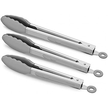 3 Pack Grey Kitchen Tongs Premium Silicone BPA Free Non-Stick Stainless Steel BBQ Cooking Grilling Locking Food Tongs 9-Inch 10-Inch & 12-Inch