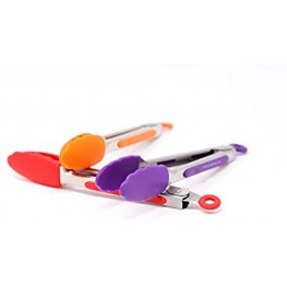 7-Inch Mini Silicone Kitchen Stainless Steel Tongs Set of 3 Red Orange Purple Mini Tongs for Serving Food Cooking Salad and Grilling