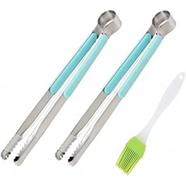 HANSA Blue Color 2PCS Stainless Steel Food Ice Tong Baking BBQ Tongs Cooking Utensils with ABS Plastic Handle 9 Inch came with Silicone Basting Brush Green for Grilling