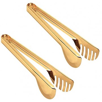 IAXSEE 2-Pack Stainless Steel Gold Salad Tongs Non-slip & Easy Grip Smart Locking Clip Handy Utensil for Cooking Serving Barbecue Buffet Salad Ice Oven 9.5 Inch