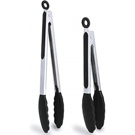 Kitchen Cooking Tongs Stainless Steel Silicone Tong BBQ and Kitchen Tongs with Non-Slip Grip for Cooking Grilling 9 Inch and 12 Inch 2 Pack Black